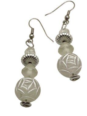 Whimsical White Frosted Bead Dangle Earrings Rose Pattern Soft Girl Cottage